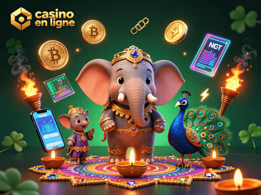 Découvrez une scène de casino en ligne vibrante avec un éléphant décoré, des jetons Bitcoin et Ethereum, parfait pour les joueurs.