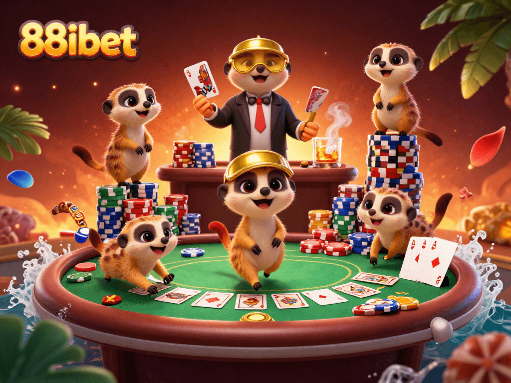 Engage in an exciting 88ibet poker game with meerkats running a vibrant casino.
