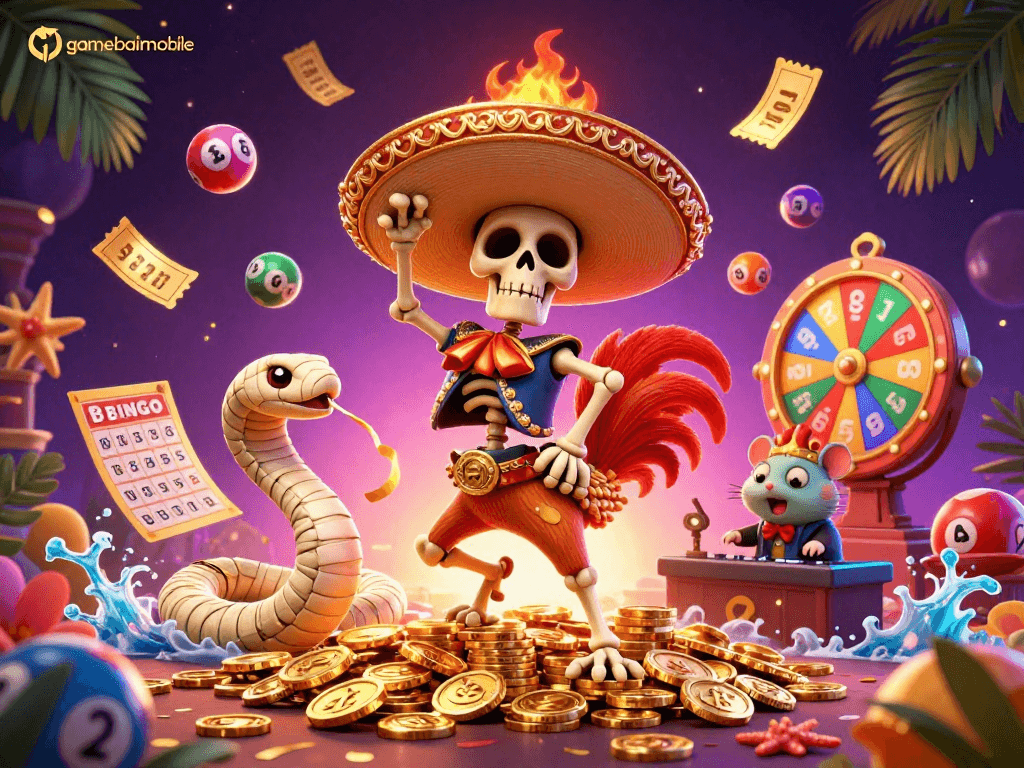 Experience exciting gaming with gamebaimobile as a colorful 3D illustration of a mariachi rooster and golden elements come alive.