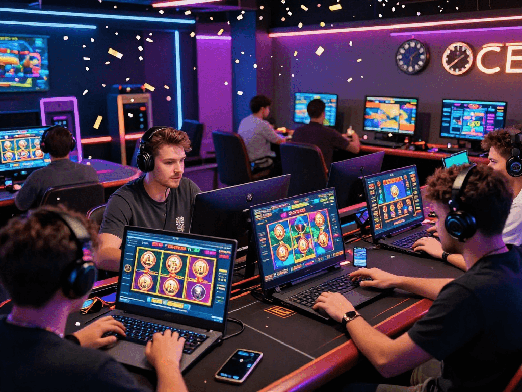 Players enjoying a crypto casino experience, celebrating wins with animated graphics.