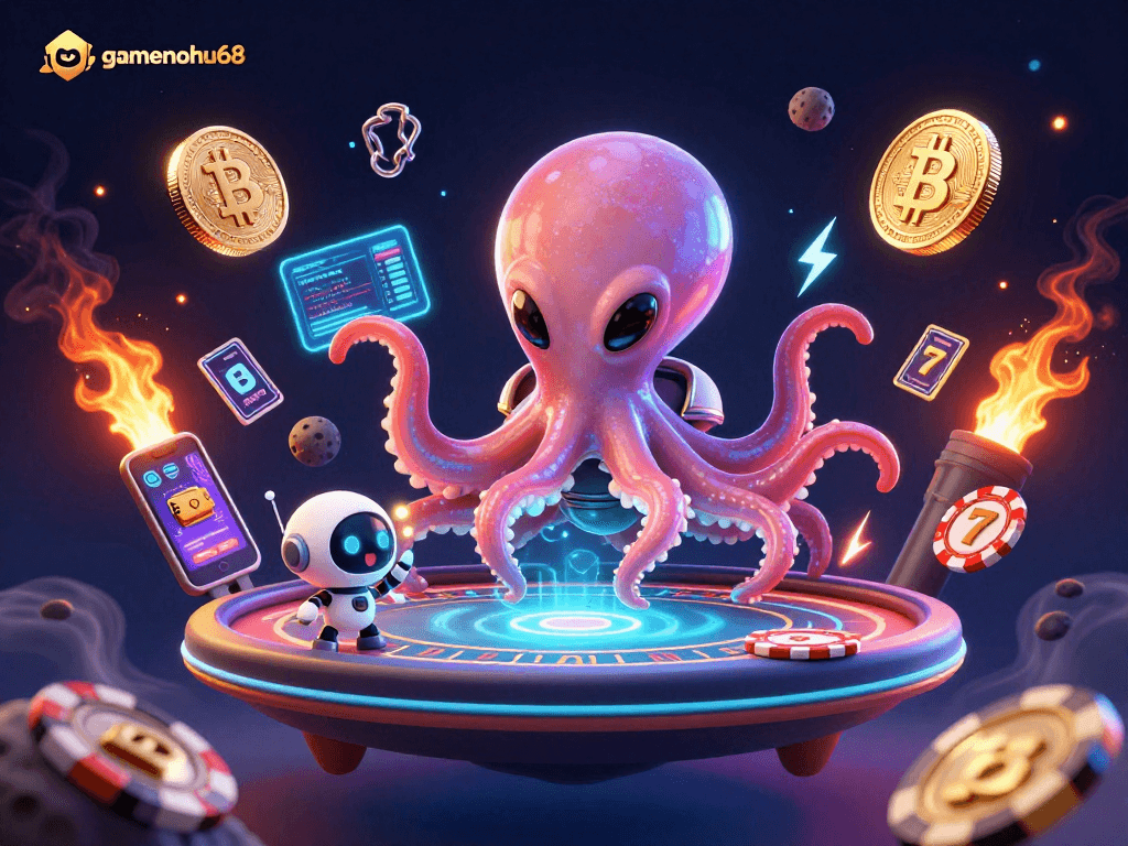 Experience thrilling gameplay at gamenohu68 with a vibrant alien poker scene amidst crypto chaos.