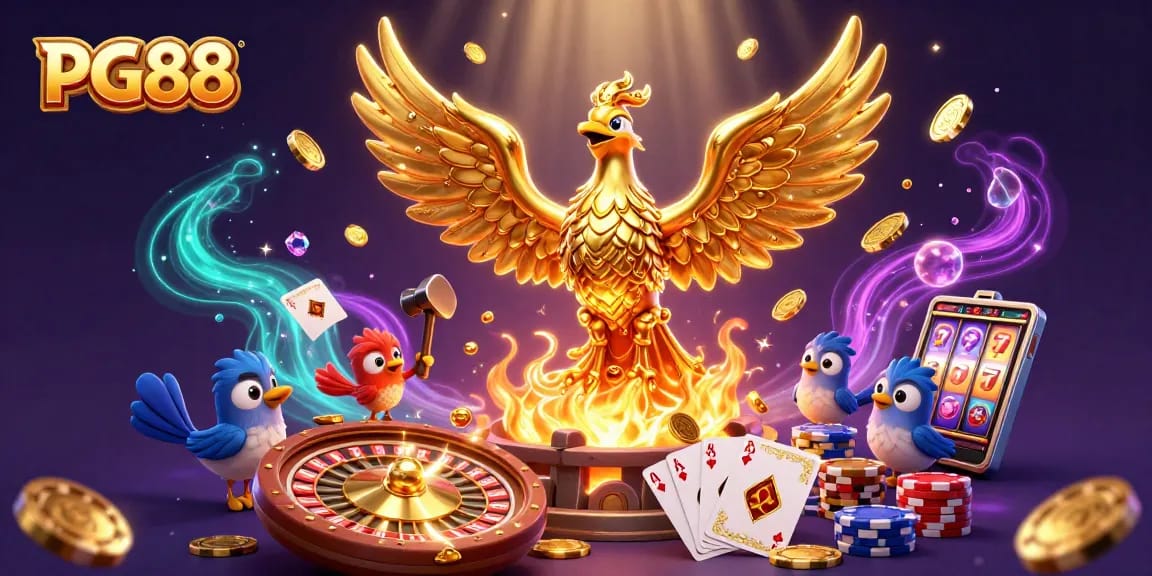 Experience the excitement of PG88 with gold coins, vibrant gameplay, and a majestic phoenix in a dynamic casino scene.