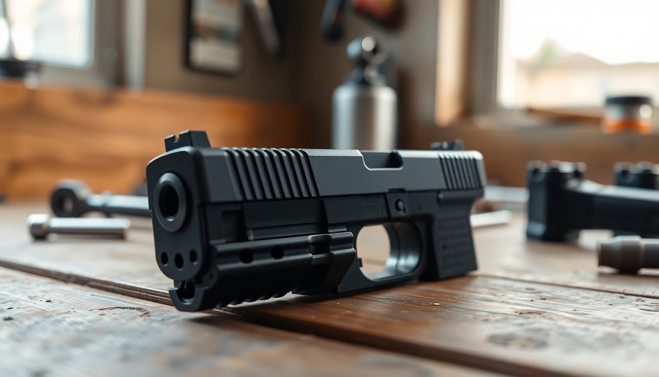 Examine the detailed Glock 19 Gen 3 slide on a workbench highlighting its craftsmanship.