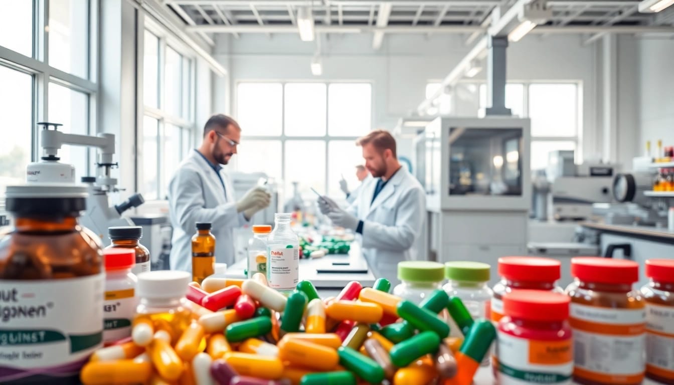 Showcasing a professional supplement manufacturer in a bright laboratory with vibrant vitamins.