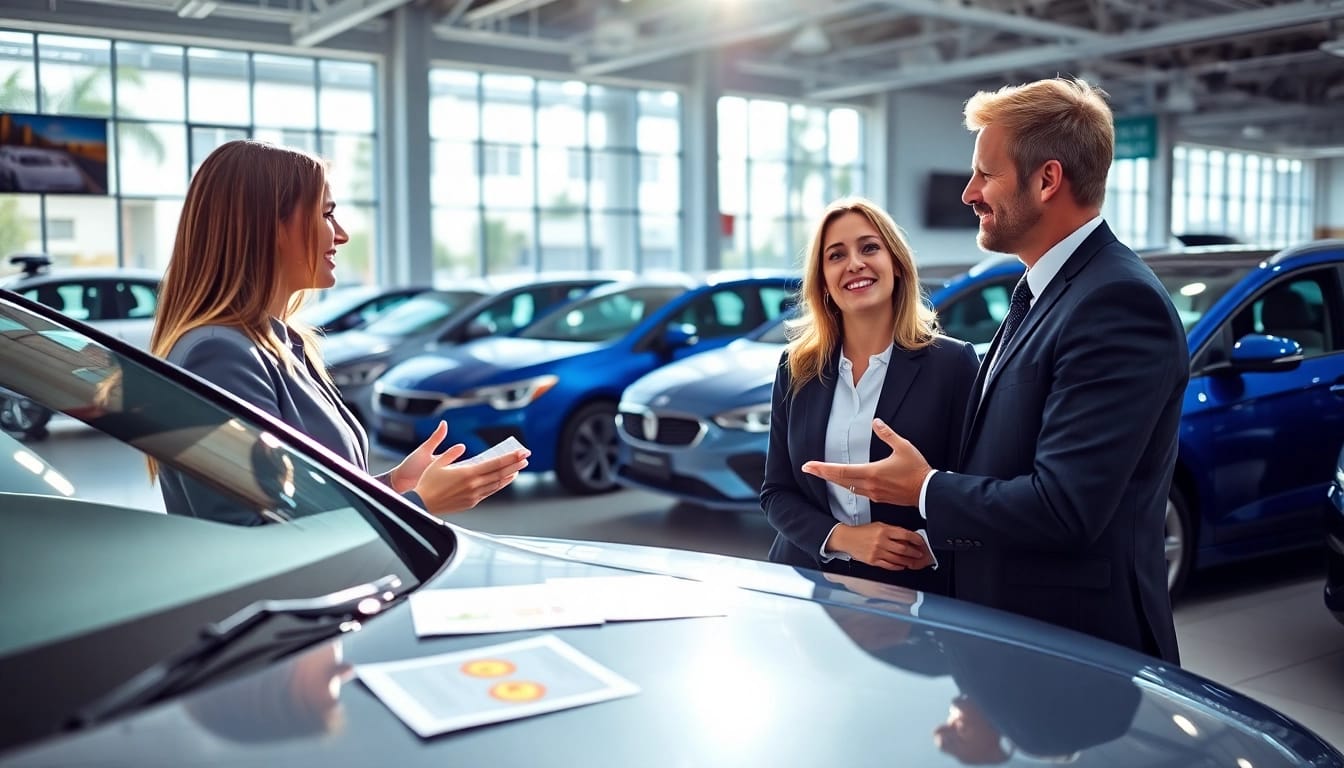 Buy New Car with a couple exploring options at a bright dealership showroom.
