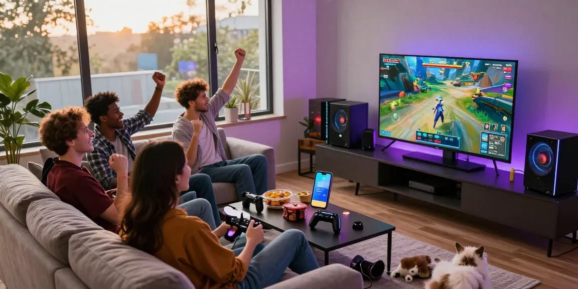 Friends enjoying gaming on CIKA4D app in a vibrant living room