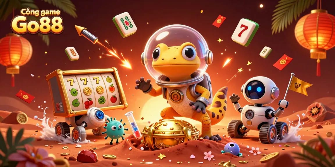 Cổng game Go88 showcases a vibrant 3D illustration of a Martian gecko exploring a buried casino amid exciting gambling elements.