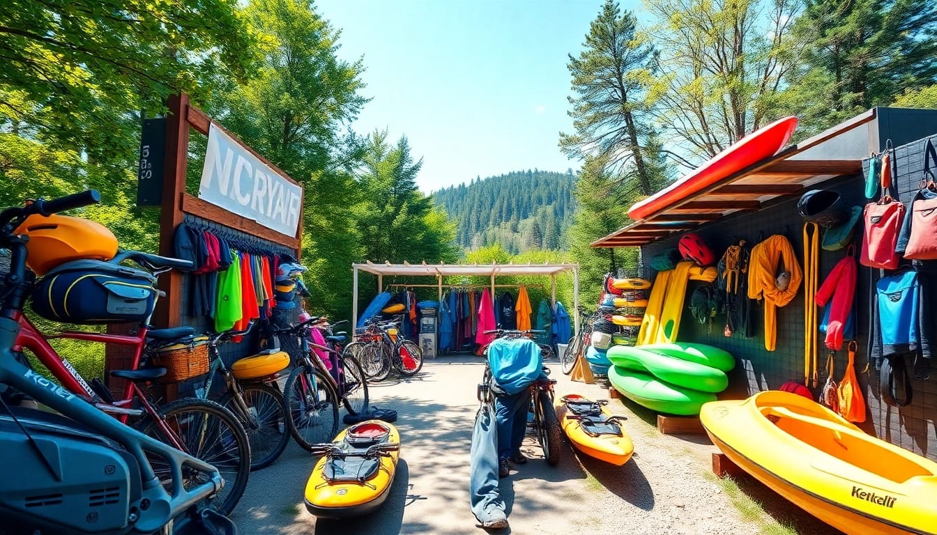 Experience whitefish equipment rental at a vibrant outdoor station showcasing various rental gear.