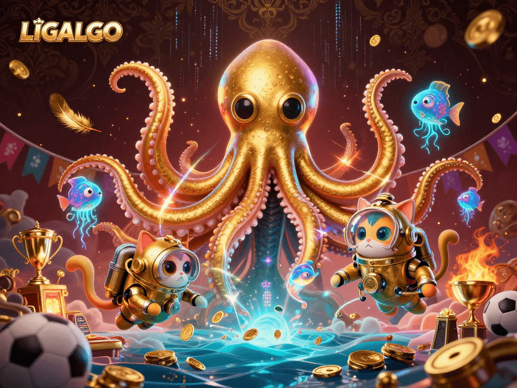 LIGALGO offers dynamic sports betting entertainment with golden kraken, diving cat, and vibrant game elements.
