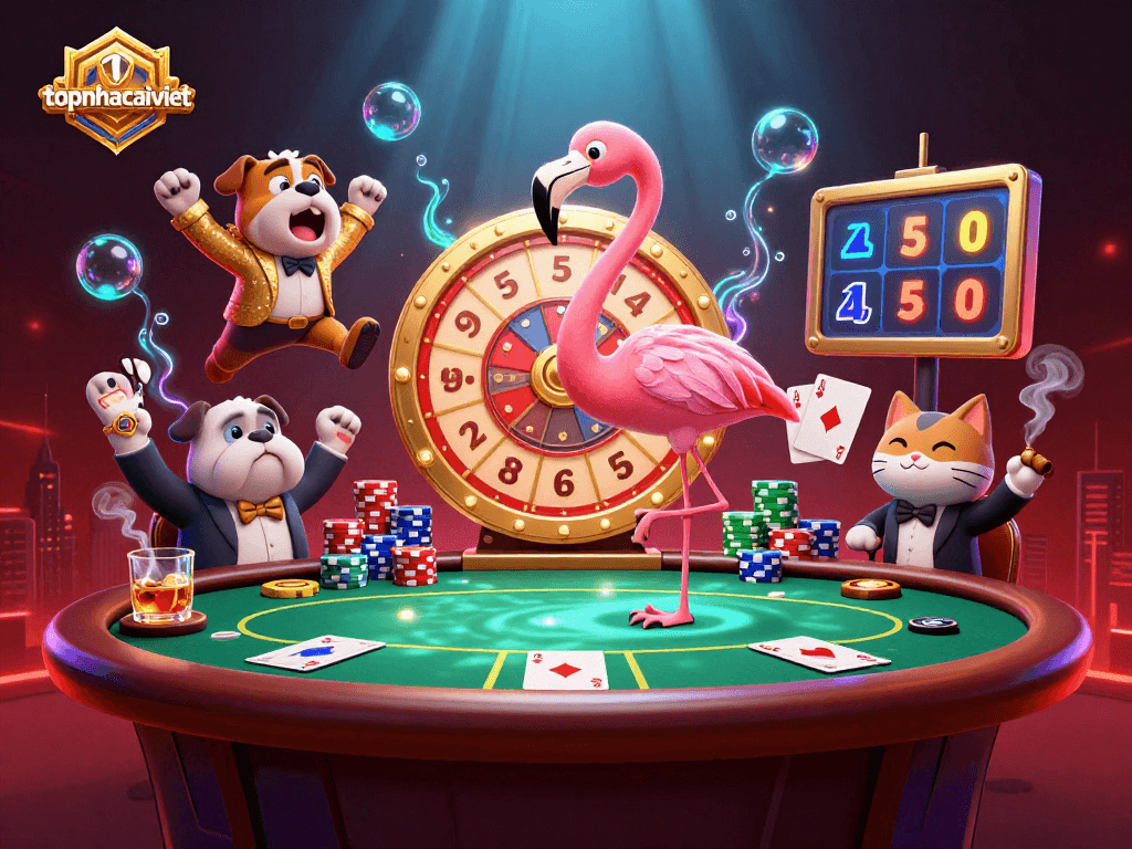 Engaging topnhacaiviet scene with a vibrant game show, flamingo host, bulldog contestant, and casino elements.