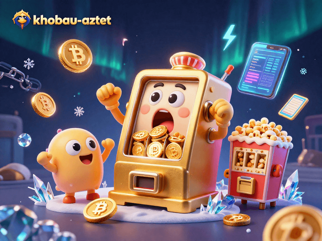 Witness khobau-aztec's animated golden slot machine winning big as coins flow from its mouth, surrounded by cheers and crypto elements.