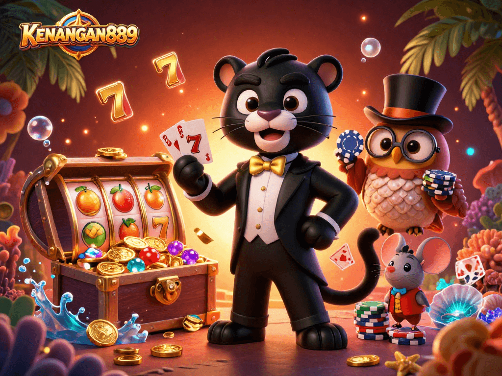 Engage with KENANGAN889 in a vibrant 3D casino scene featuring stylish characters and dynamic game elements.