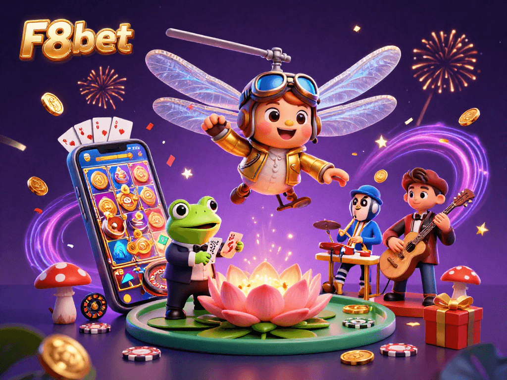 Engage with F8bet's exciting casino atmosphere through a vibrant 3D illustration featuring a dragonfly pilot and frog croupier.