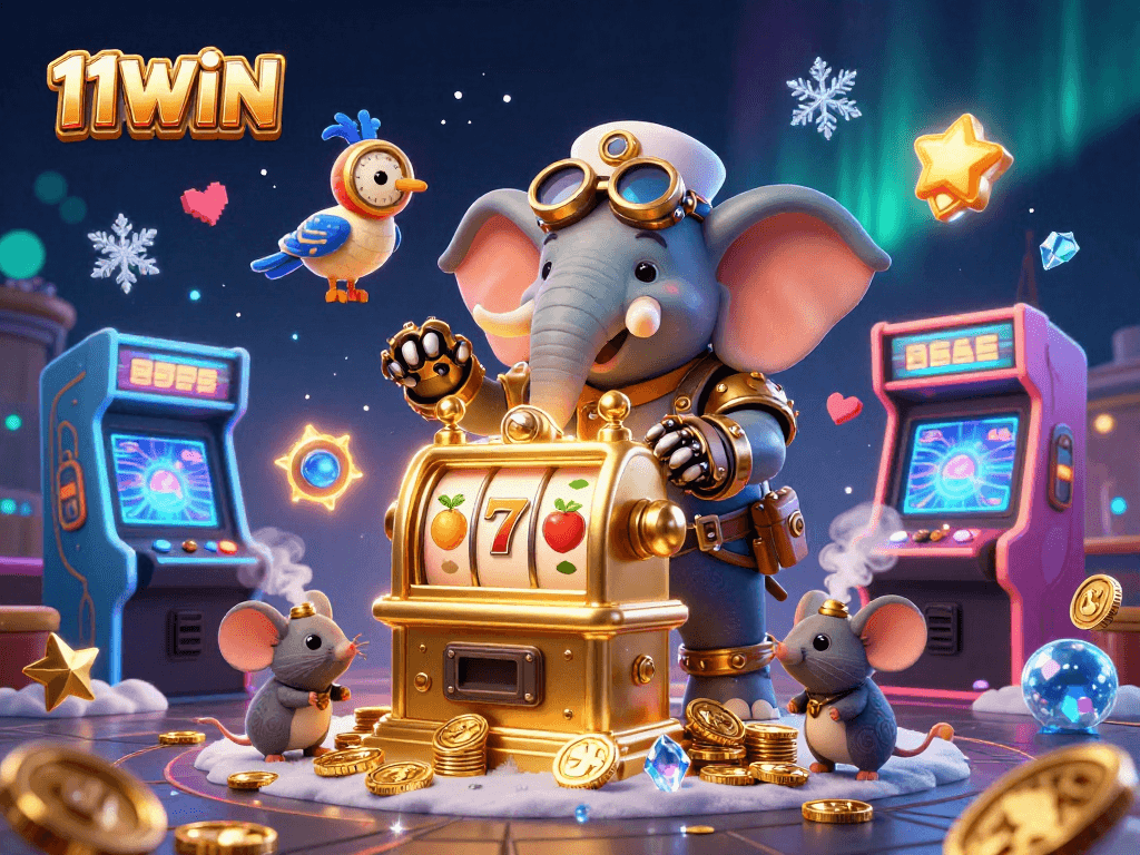 Experience exciting gameplay with 11WIN's steampunk elephant engineer and golden slot machine, a vibrant casino scene.