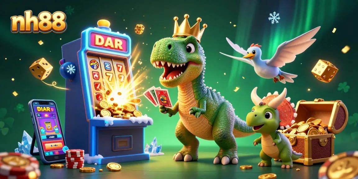 Experience thrilling wins at NH88 with a unique 3D cartoon scene featuring a T-Rex playing cards amidst chaotic casino elements.