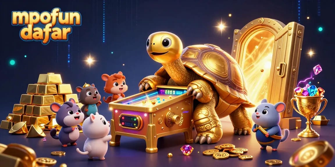 Engage with the mpofun daftar experience featuring a vibrant golden tortoise cashier in a lively casino.