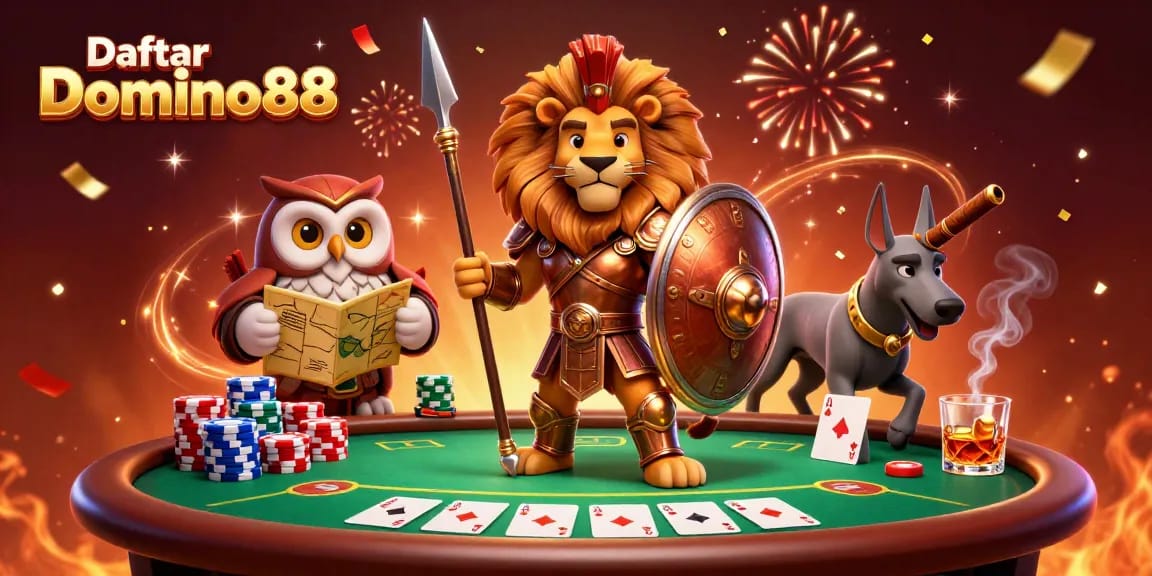 Engage with Daftar Domino88 in a thrilling poker scene featuring heroic characters and vibrant casino elements.