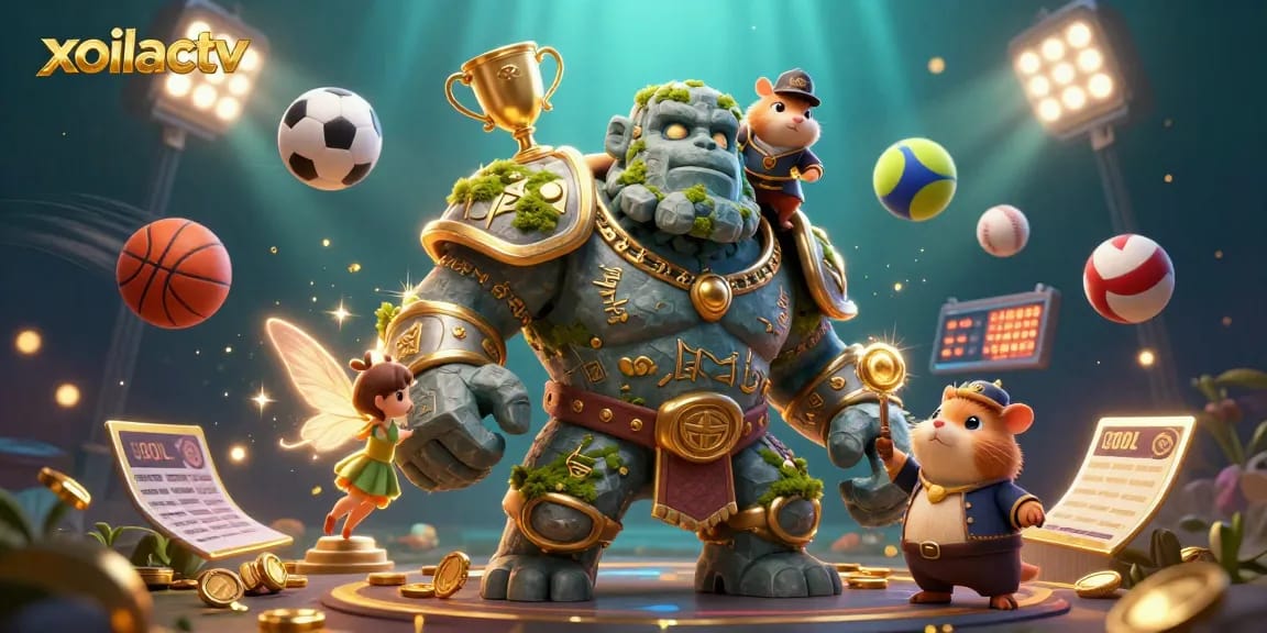 Xoilactv showcases a vibrant 3D illustration featuring a golem guardian and knight in a dynamic sports betting setting.