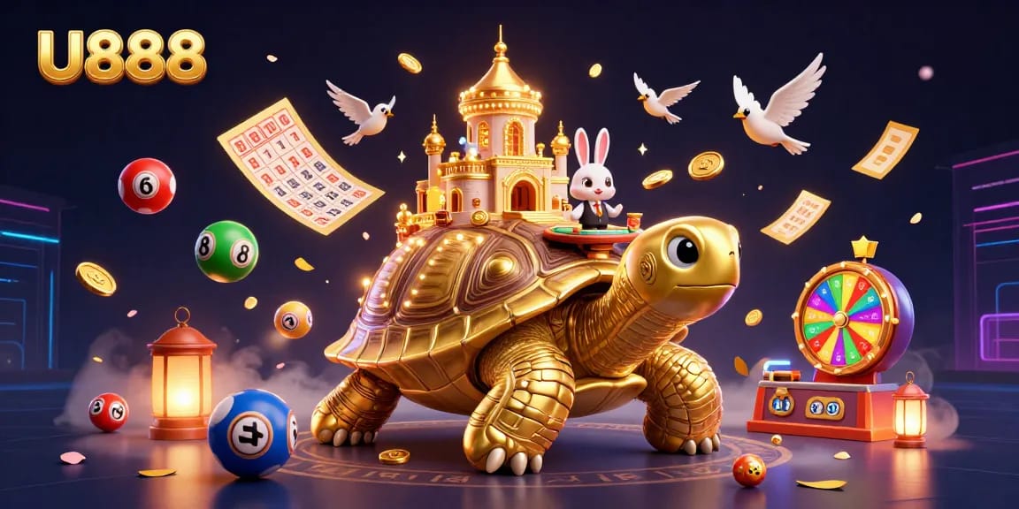 U888 presents a colorful lottery scene with a radiant tortoise casino and animated game elements.