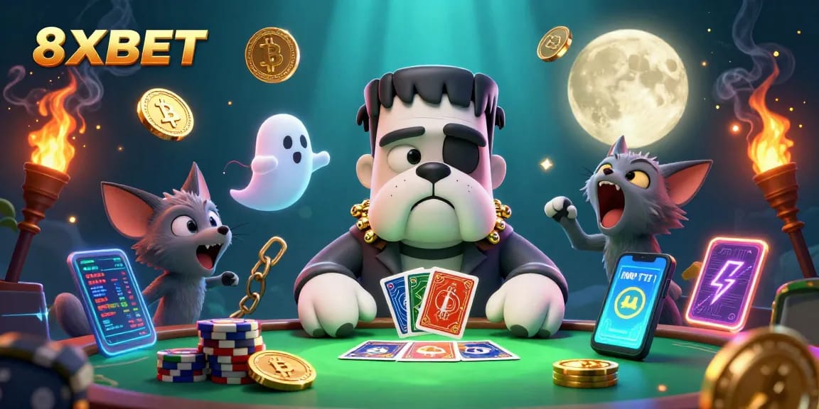 Engage in thrilling games at 8XBET with a cartoon Frankenstein bulldog dealing cards.