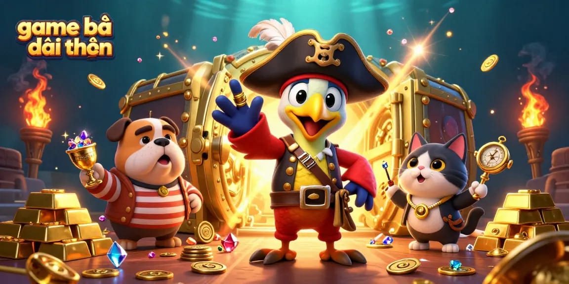 Engage in exciting game bài đổi thưởng with pirate characters surrounded by treasure and jewels.