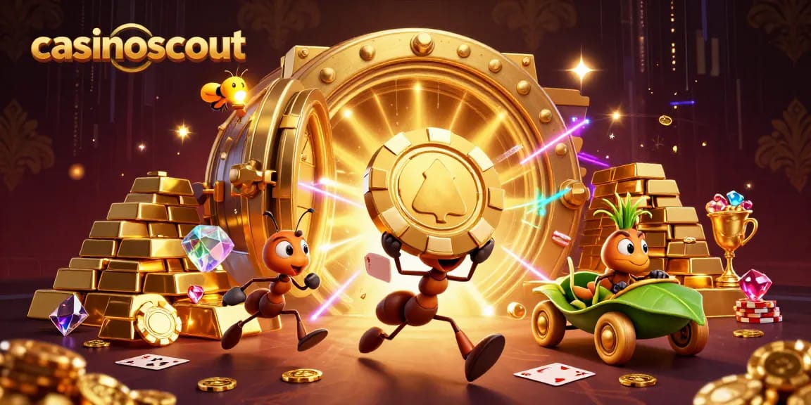 casinoscout team of ants stealing a giant poker chip in a vibrant casino scene filled with treasures