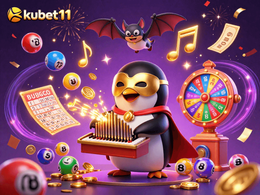 Experience the excitement with kubet11 as the phantom opera penguin plays amidst a lavish casino scene filled with golden treasures.
