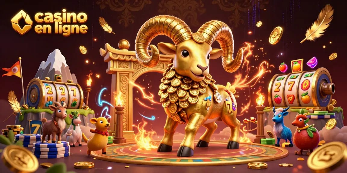 Profitez d'une illustration 3D captivante de casino en ligne avec un bélier doré dynamique, symbolisant les gains.