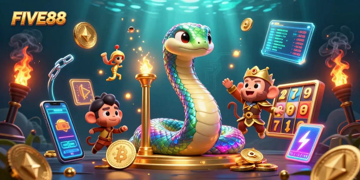 Engage with FIVE88's vibrant casino world featuring a rainbow serpent, golden monkey king, and crypto symbols.