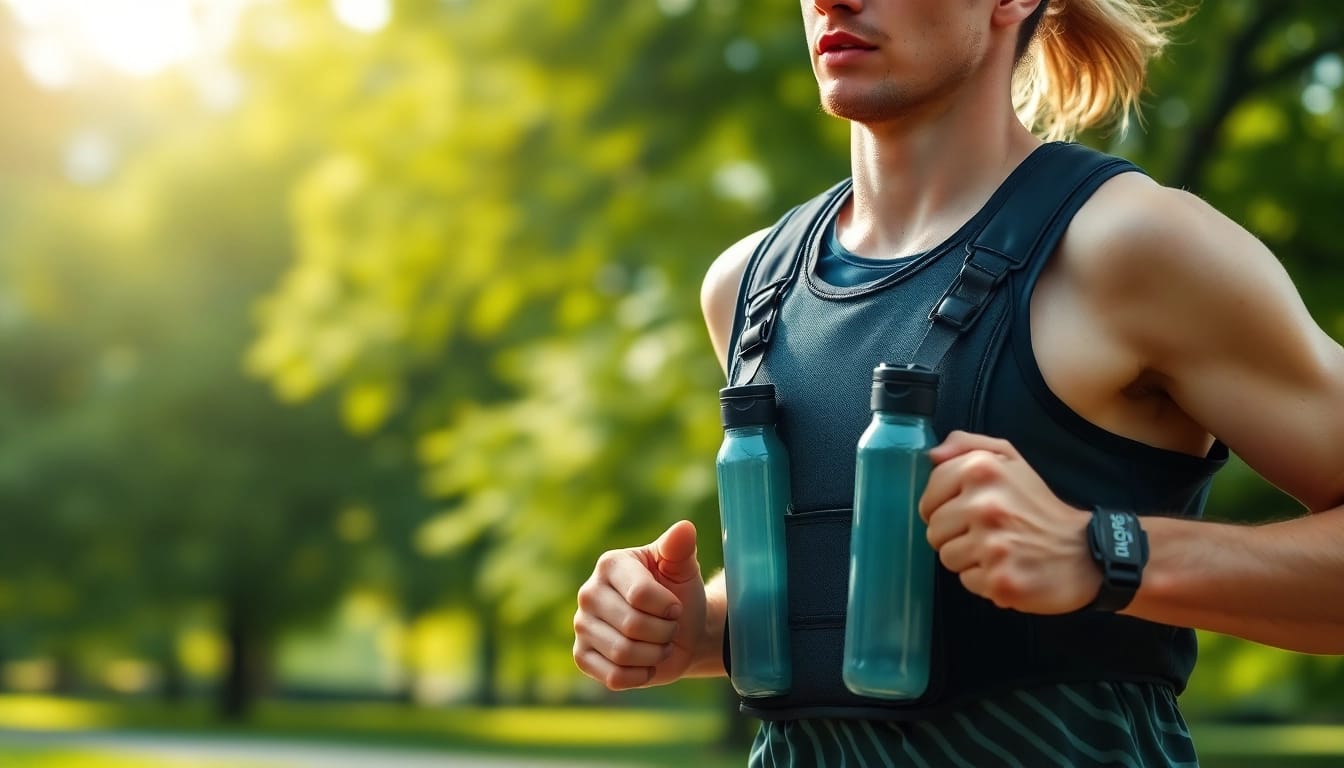 Active runner wearing running vest with bottles in motion through a vibrant park.