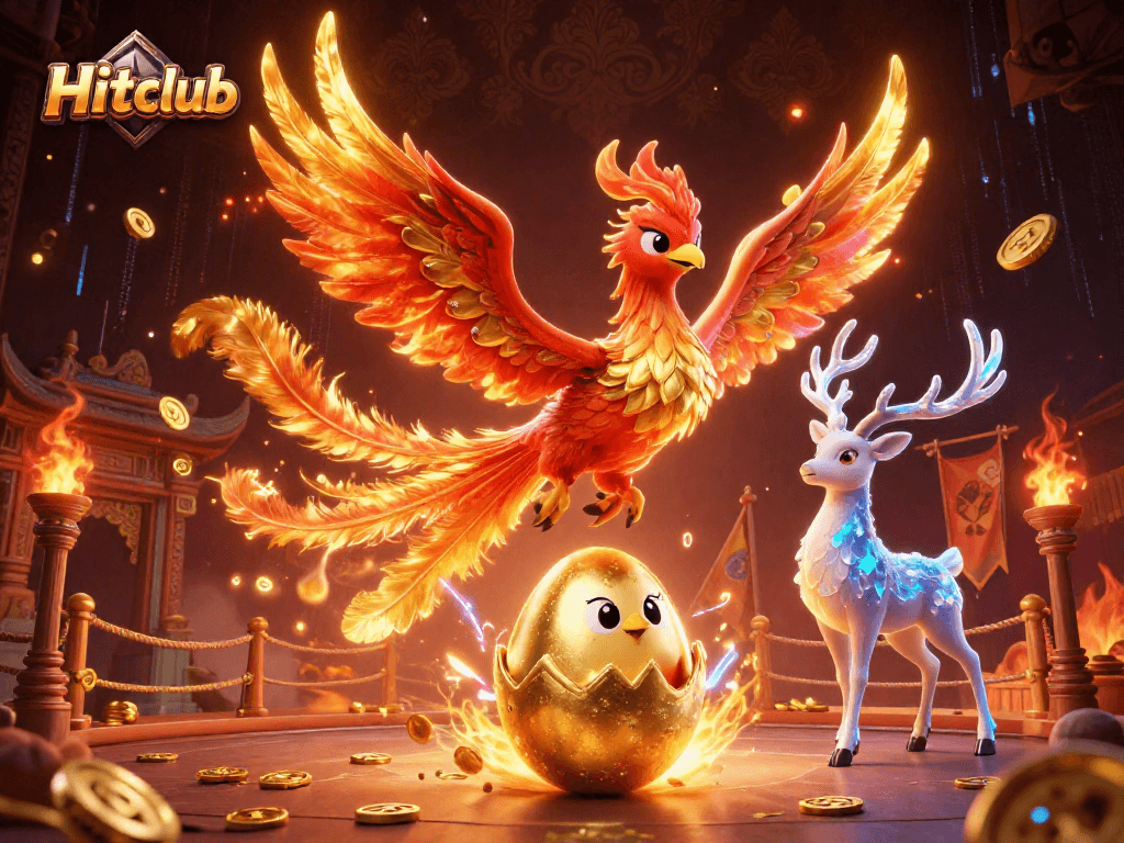 Hitclub showcases a vibrant 3D casino scene with a blazing phoenix and rich game elements.