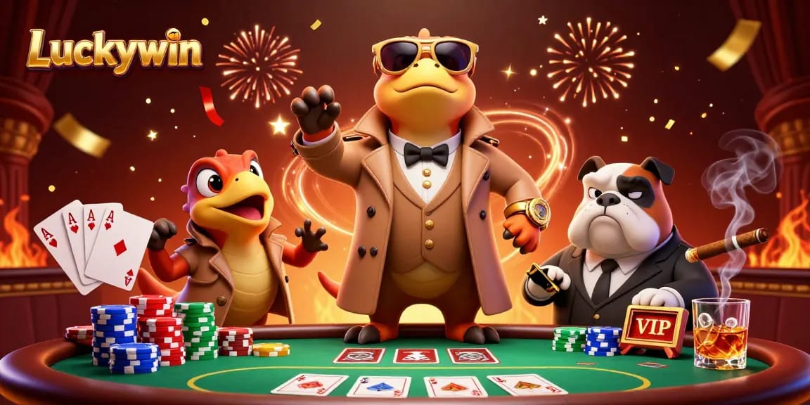 Experience Luckywin's thrilling casino atmosphere with cartoon raptors at a poker table.