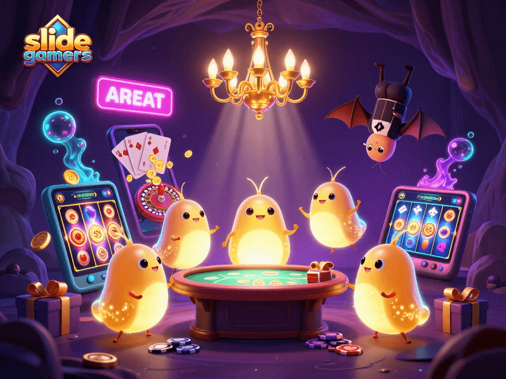 Experience thrilling adventures with slidegamers in a vibrant cave casino featuring glowworms and exciting game elements.