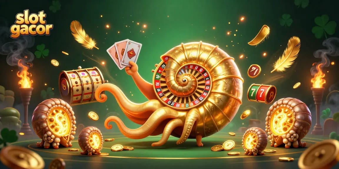 Permainan slot gacor dengan nautilus raksasa dan simbol keberuntungan yang bersinar.
