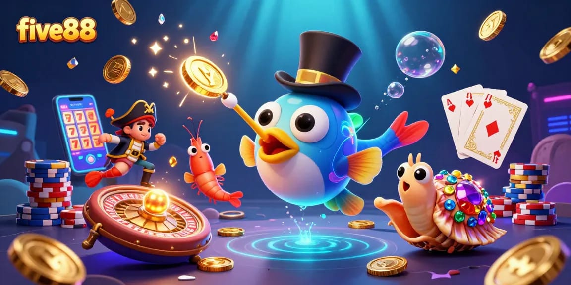 Experience the excitement of five88 with a captivating casino scene featuring an anglerfish and treasure elements.