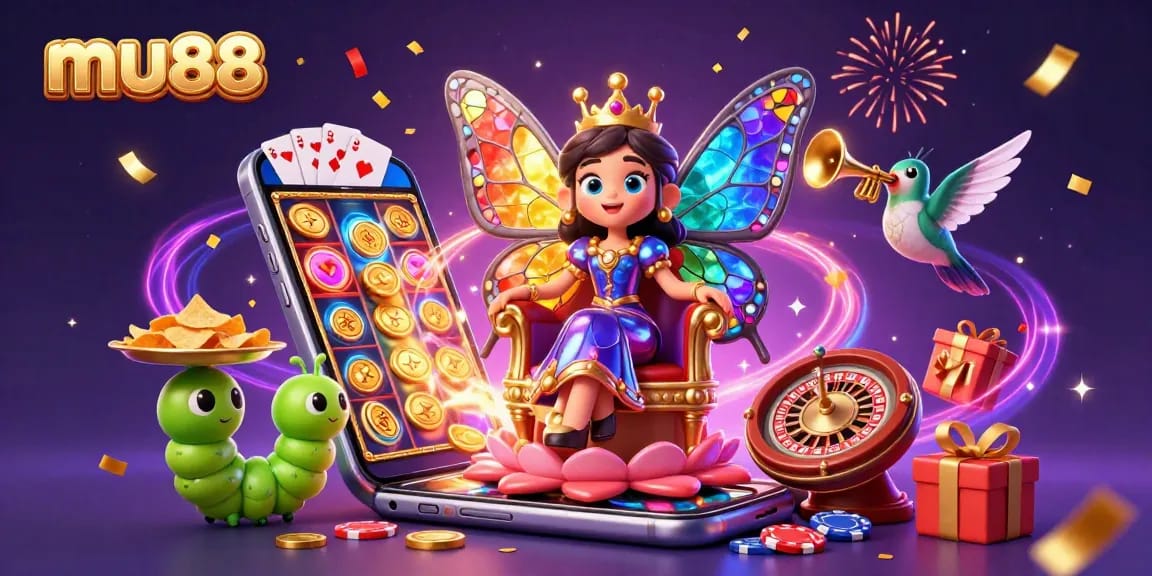 mu88 online casino illustration featuring a butterfly queen, chips, and vibrant game elements.