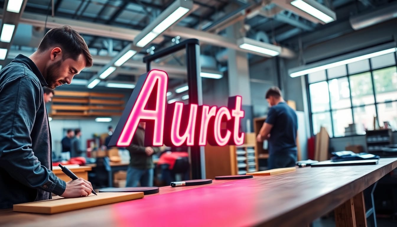 Crafting a custom sign by an edmonton sign company in a vibrant urban workshop setting.