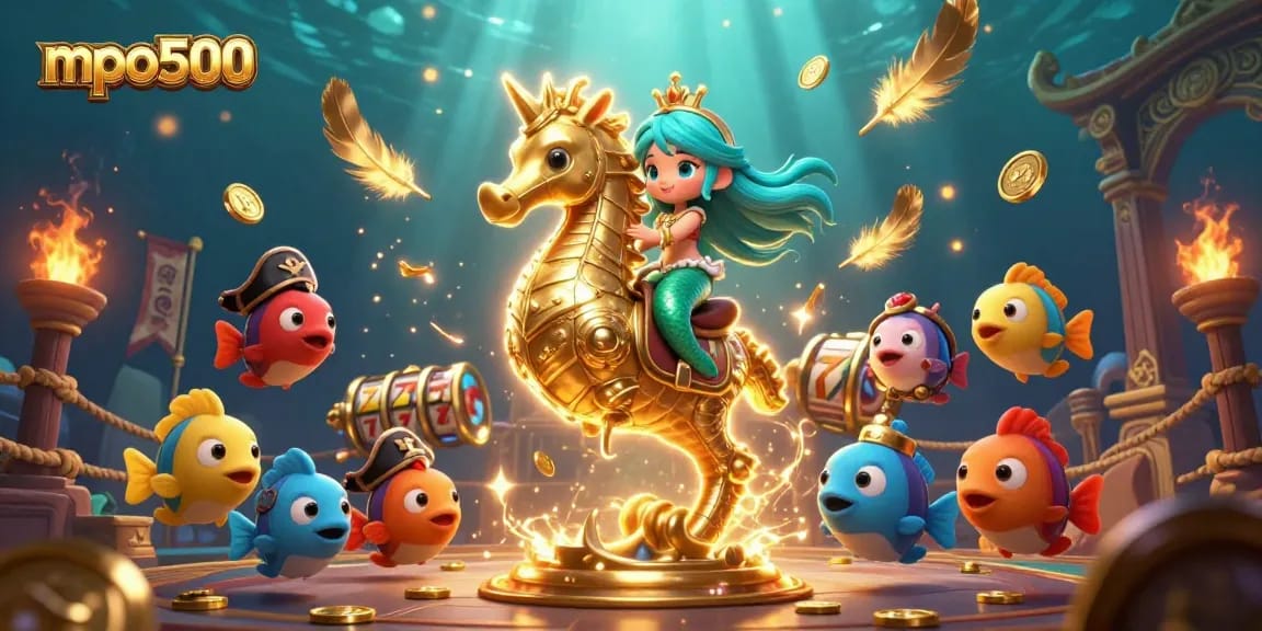 Experience excitement with mpo500 as the mermaid princess rides her golden seahorse in a vibrant casino.