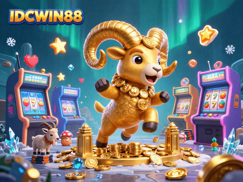 Engage with IDCWIN88's vibrant slot gaming universe featuring a charging golden ram amidst colorful game elements.