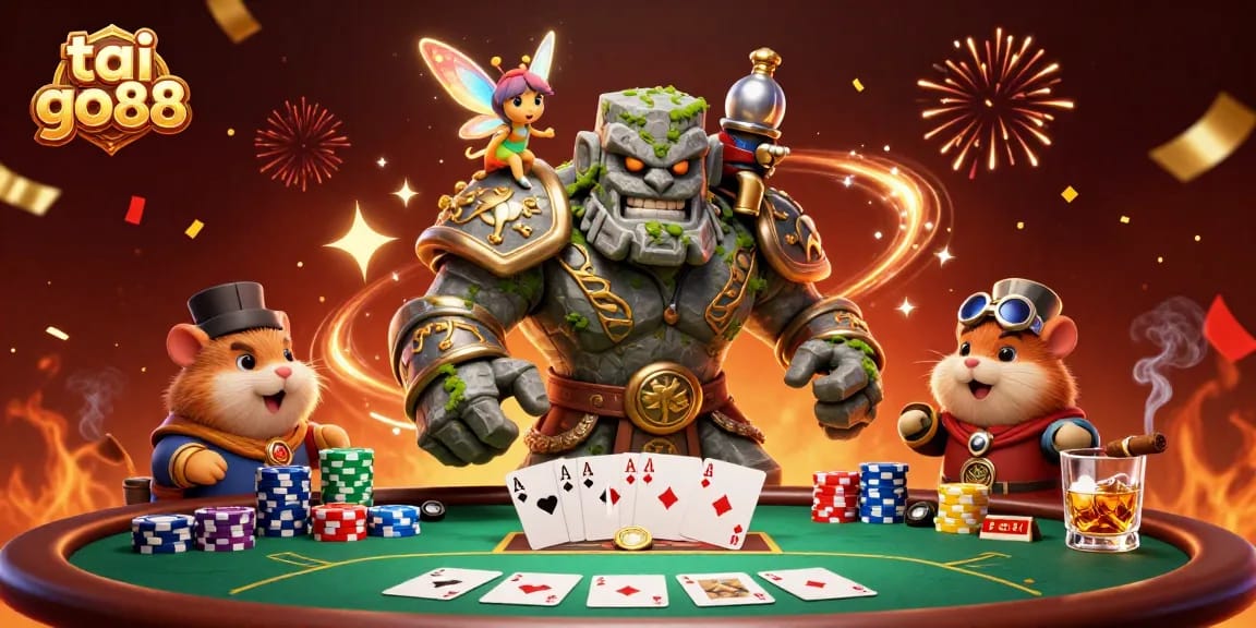 Experience the excitement of tai go88 with a magical scene of a golem, fairy, and hamster knight at a bustling poker table.
