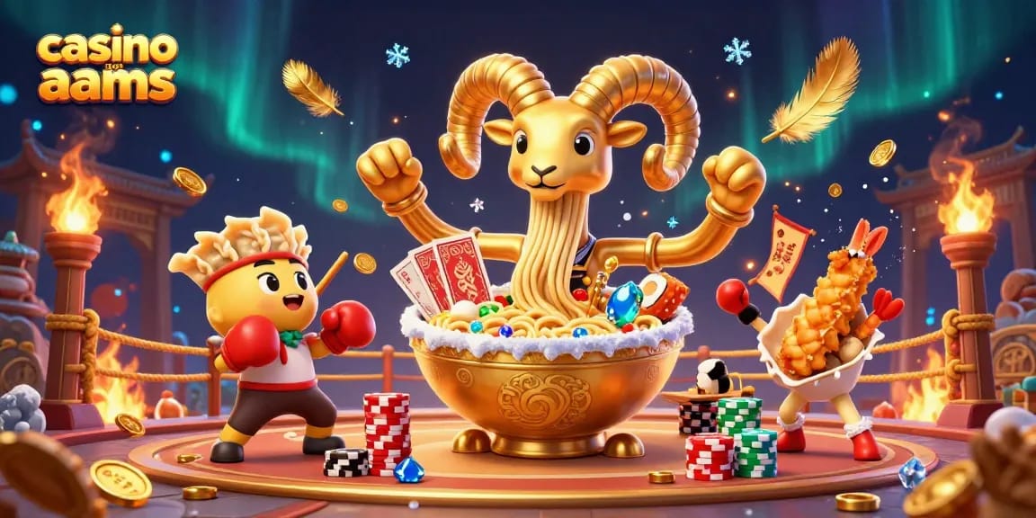 Gioco emozionante in un casino non AAMS con un enorme ramen che distribuisce carte e gettoni d'oro, circondato da effetti visivi.