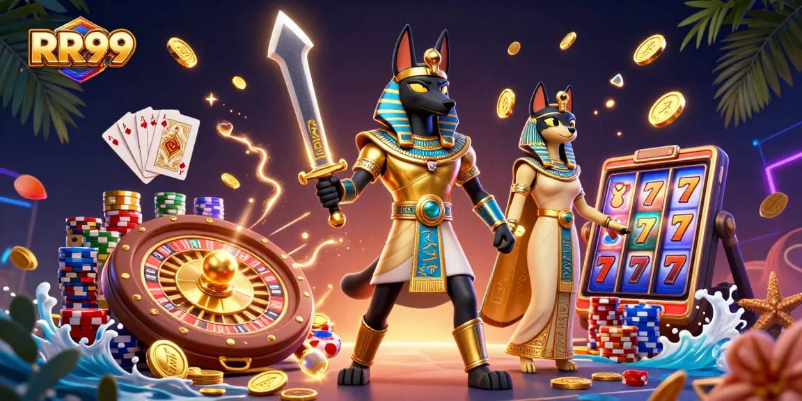 Win big at RR99 with thrilling games, golden coins cascading in a vibrant casino scene!