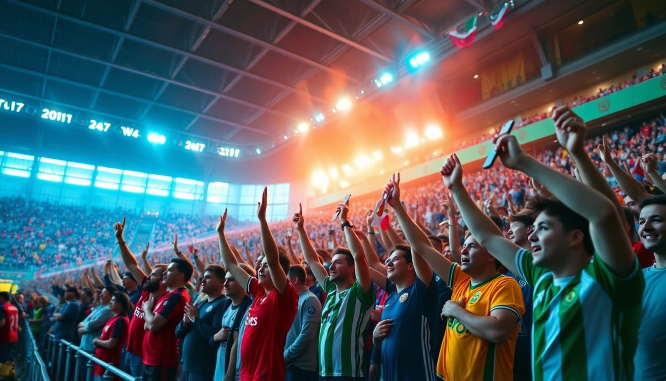 Nonton bola dengan para penggemar sepak bola yang bersemangat di stadion penuh warna.