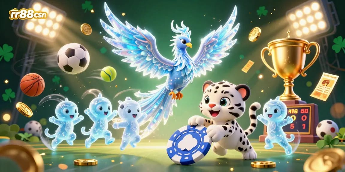 Experience thrilling gaming actions at rr88csn with an ice phoenix, poker chip, and festive sprites in a dynamic casino scene.