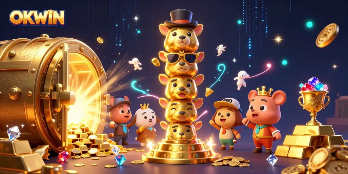 Spin and win with OKWIN's vibrant and exciting casino experience, showcasing golden riches and lively animations.