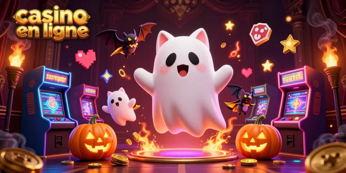 Des personnages de casino en ligne animés, dont un chat fantôme et une chauve-souris, entourés de machines à sous lumineuses.