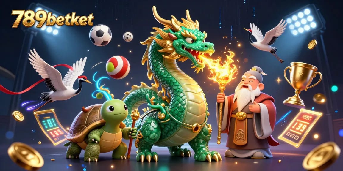 Experience thrilling gaming with 789betket: a dragon, turtle sage, and lucky cranes in a vibrant scene.
