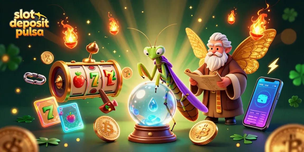 Permainan slot deposit pulsa menampilkan karakter peramal dan elemen kasino yang menarik serta menakjubkan.