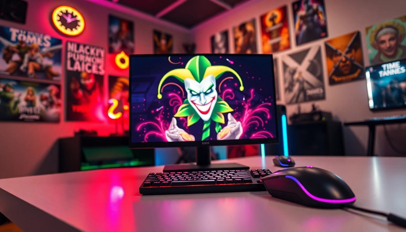 Showcase thrilling joker gaming setup with vibrant lights and top-notch equipment.