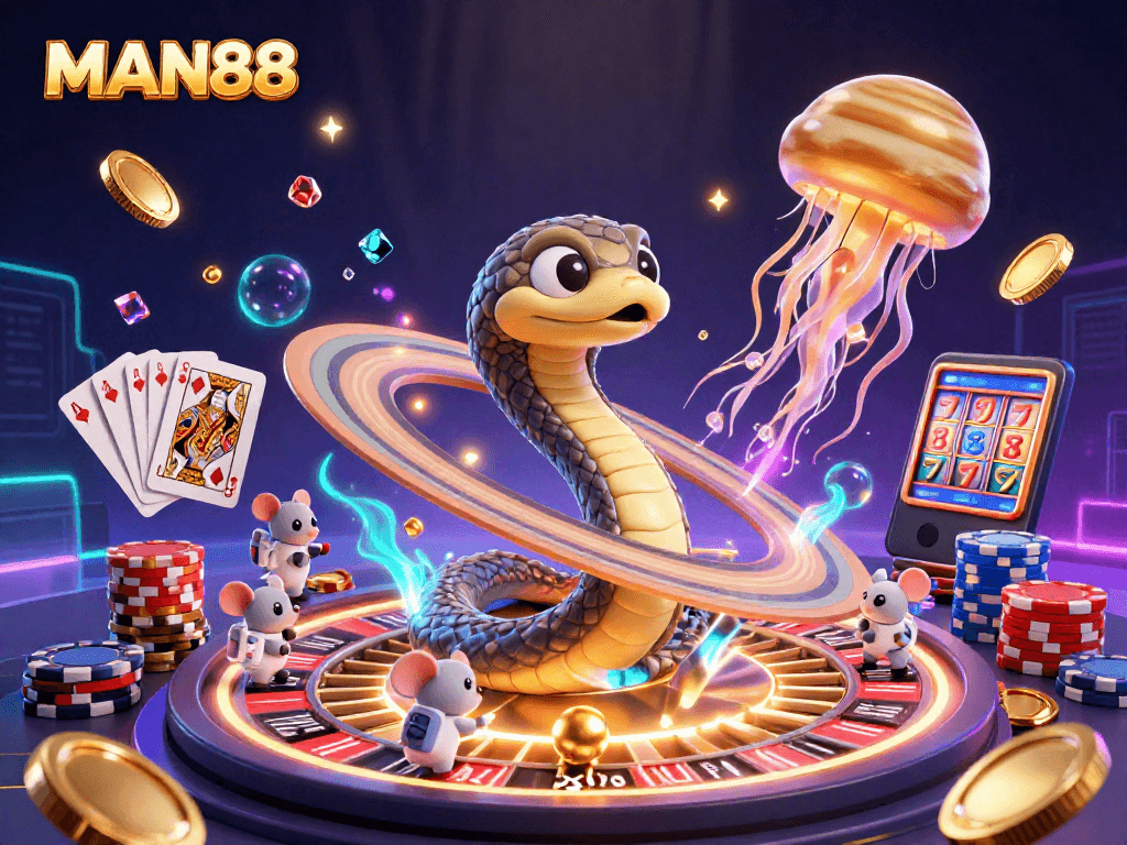 Experience the thrill of MAN88 as astronaut mice place bets on a cosmic roulette wheel surrounded by vibrant casino elements.